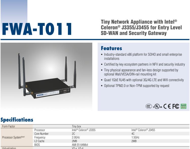 研華FWA-T011 基于Intel? Celeron? N3350/J3455 入門級(jí)SD-WAN，安全網(wǎng)關(guān)微型網(wǎng)絡(luò)應(yīng)用平臺(tái)