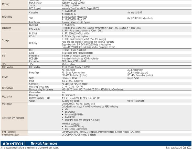 研華FWA-3033 基于Intel Coffee Lake CPU Xeon? E 系列或第八/九代Intel? Core? i7/i5/i3處理器1U機(jī)架式網(wǎng)絡(luò)應(yīng)用平臺(tái)