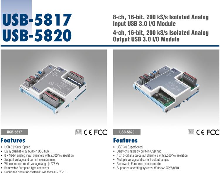 研華USB-5817 8通道，16位，200 kS / s隔離模擬輸入U(xiǎn)SB 3.0 I / O模塊