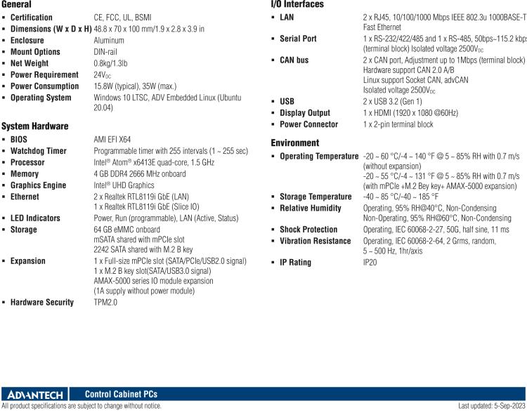 研華AMAX-5570 超微型控制平臺，采用Intel Atom處理器、64GB eMMC、2 個以太網(wǎng)口、2 個 USB、2 個 CAN、2 個 COM 和插片 IO 擴展