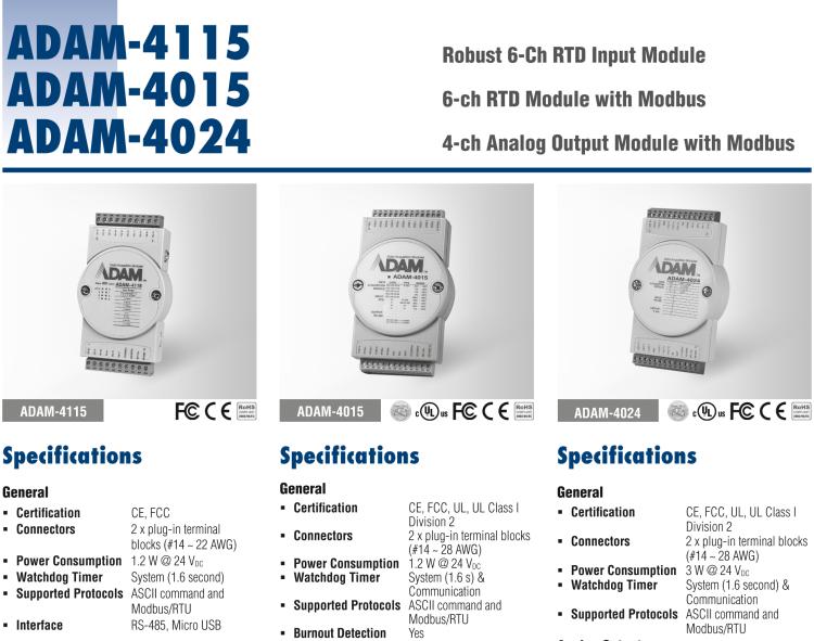 研華ADAM-4115-B ADAM-4115 6 通道 RTD 輸入模塊可接受多種 RTD 傳感器類型，包括 Pt100、Pt1000、Ni50、Ni508 和 Balco 500 系列