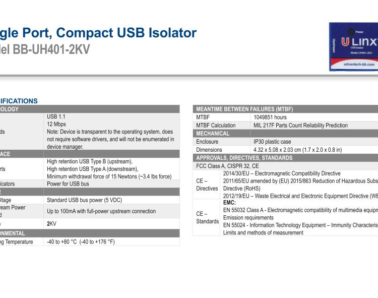 研華BB-UH401-2KV USB 2.0 2 kV隔離器，1端口，12 Mbps全速