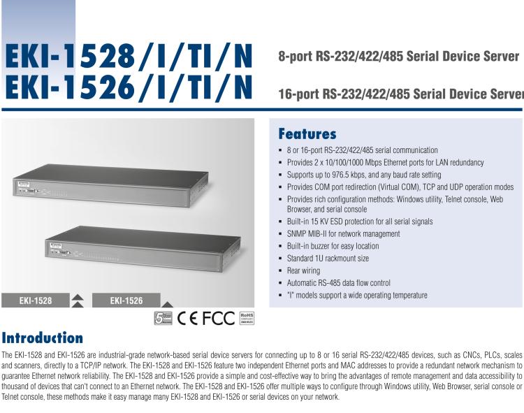 研華EKI-1528N 8-Port Serial Device Server, AC Input, Serial RJ45, Rackmount