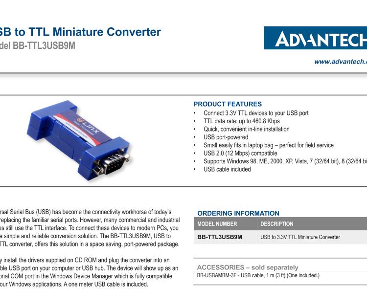 研華BB-TTL3USB9M 串口轉(zhuǎn)換器，USB 2.0至3.3 V TTL DB9 公頭