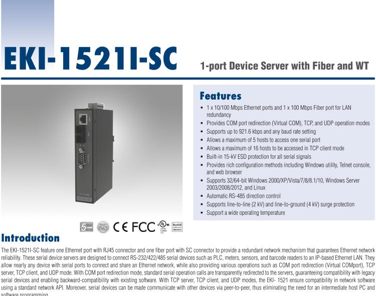 研華EKI-1521I-SC 1-Port Serial Device Server, Fiber, Wide Temperature