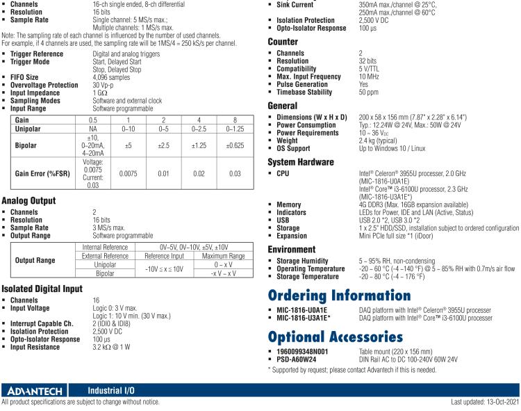 研華MIC-1816 具有Core?i3 /Celeron?處理器的16位，1 MS / s，16通道DAQ平臺(tái)
