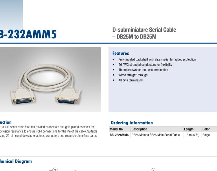 研華BB-232AMM5 Serial Cable, DB25 M to DB25 M, 1.8 m / 6 ft