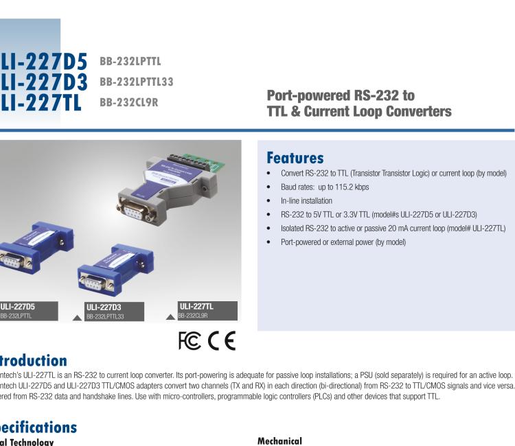 研華BB-232LPTTL ULI-227D5 RS-232（DB9母頭）至5V TTL（DB9公頭）轉(zhuǎn)換器，端口供電