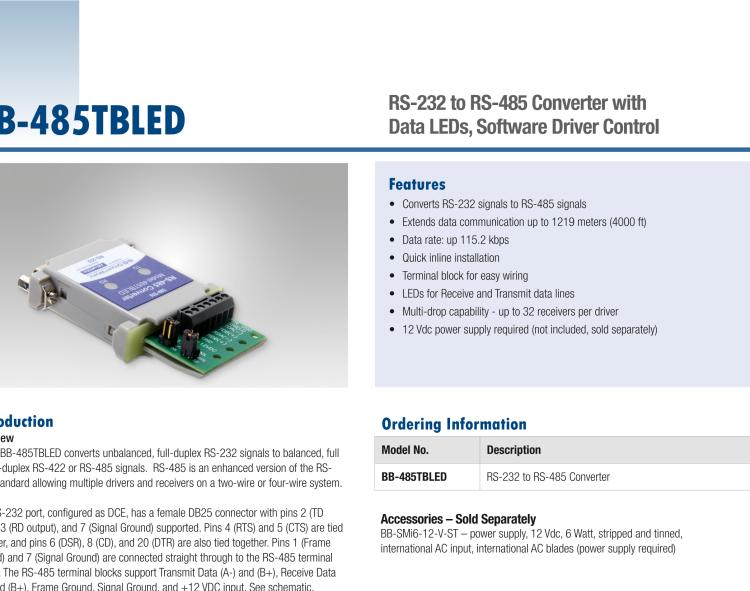 研華BB-485TBLED 串口轉(zhuǎn)換器，RS-232 DB25 母頭至RS-485 TB