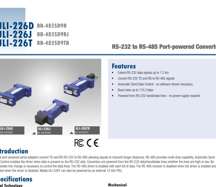 研華BB-485SD9TB ULI-226T 端口供電的 RS-232 至 TB RS-485 轉換器