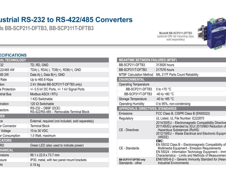 研華BB-SCP211-DFTB3 ULI-224TH - RS-232 to RS-422/485 Converter, Panel Mount Metal Chasis