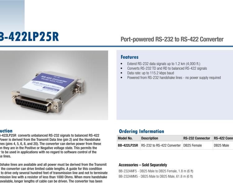 研華BB-422LP25R 串口轉(zhuǎn)換器，RS-232 DB-25 F至RS-422 DB25 M，端口供電