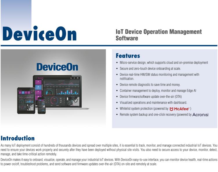 研華DeviceOn DeviceOn.DM是IoT設(shè)備管理，可遠(yuǎn)程管理連接的設(shè)備并提供集中式管理功能。